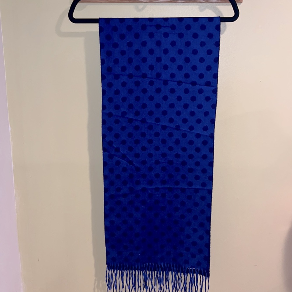 Amical 100% Silk Polka Dot Scarf – Royal Blue Fringed Wrap, Elegant Statement